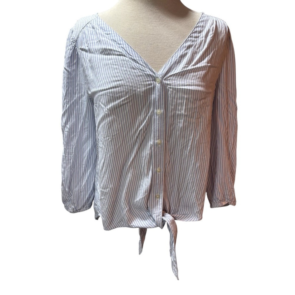 LOFT Outlet Striped V-Neck‎ Button Down Tie Front Blouse Blue White Small #187